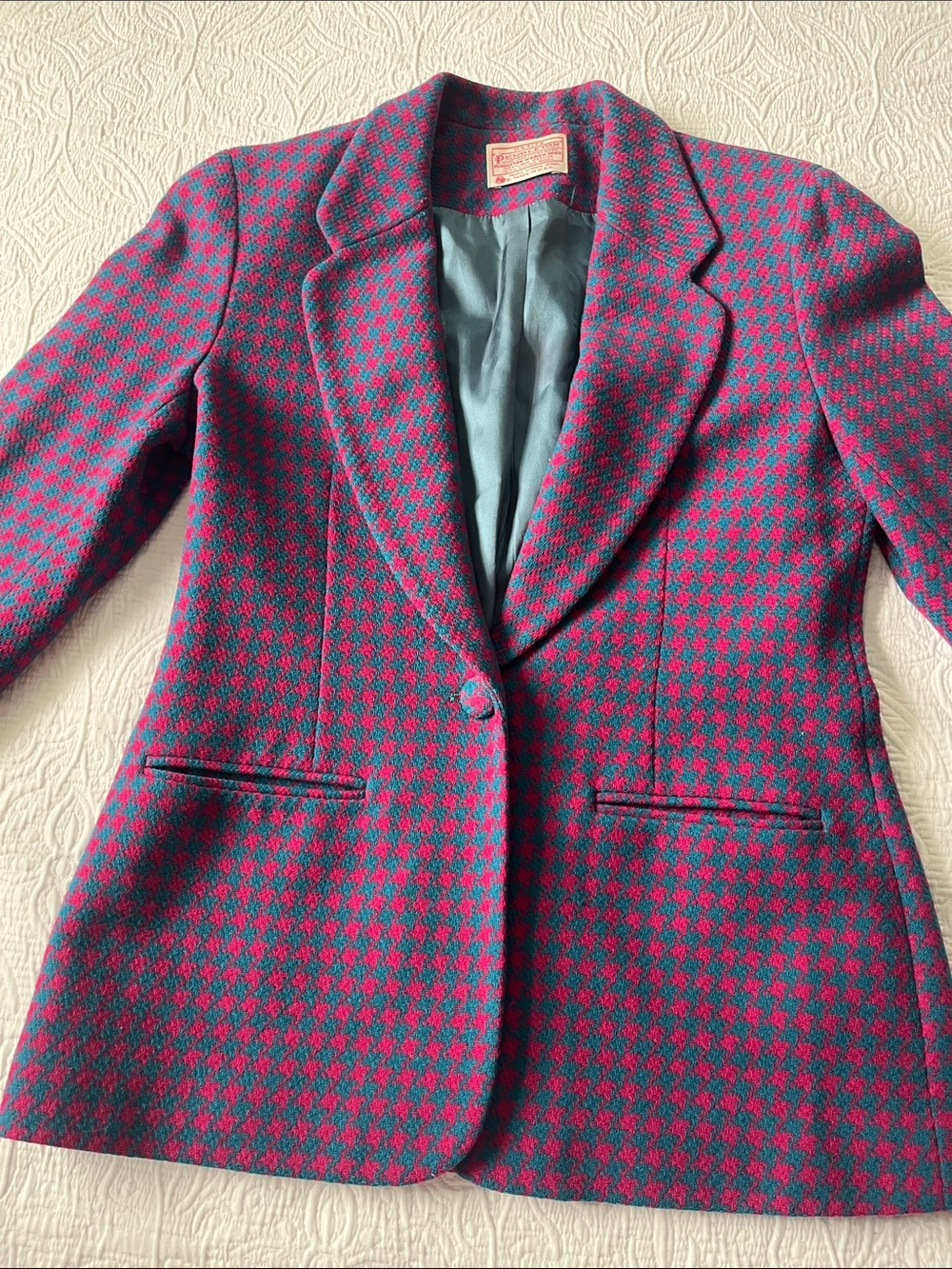 Womens Vintage Pendleton Virgin Wool Pink & Teal Houndstooth blazer USA MADE 2P